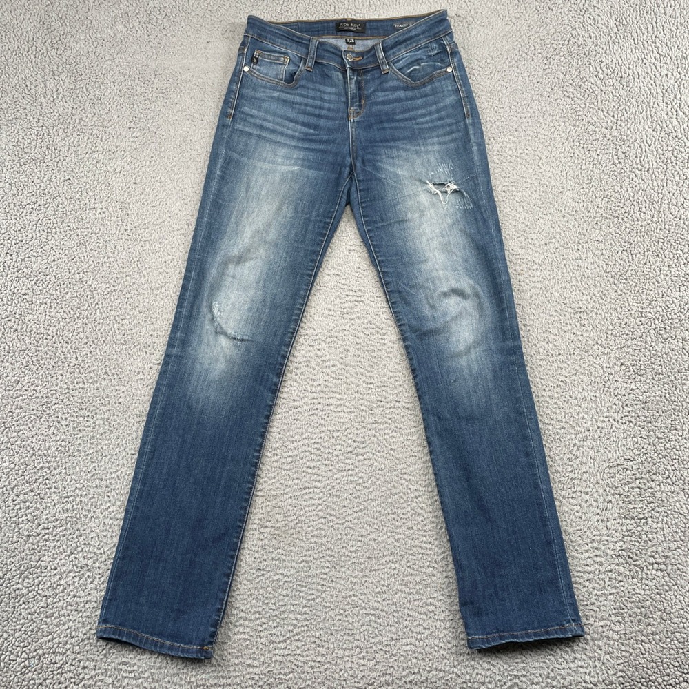 Judy Blue Jeans Womens 7/28 Blue Straight Fit Distressed Mid Rise JB8277DK Denim